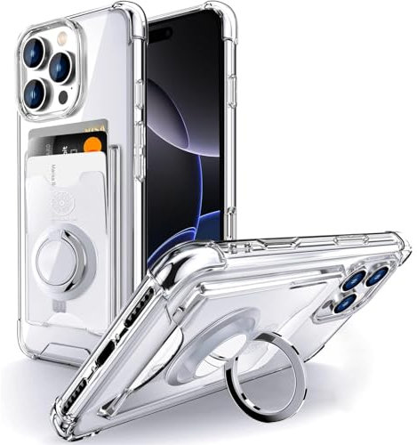 SHIELDS UP for iPhone 16 Pro Max Case, Wallet Minimalist Case with Ring Kickstand and Card Holder, Transparent Slim Shockproof TPU Bumper Cover for iPhone 16 Pro Max 6.9''- Clear