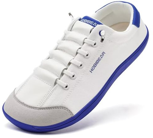 HOBIBEAR Chaussures pieds nus larges pour homme et femme - Chaussures de marche - Baskets de course à pied - Semelle zéro goutte - Légères et confortables, blanc/bleu, 38.5 EU