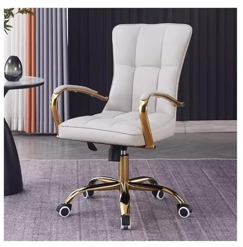 WIGSELBL Bürostuhl aus Leder, Schreibtischstuhl mit Armlehne, verstellbarer Drehstuhl mit goldenen Beinen und Armen, bequemer gepolsterter Arbeitsstuhl für Wohnzimmer (Cremefarben)