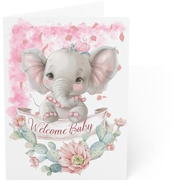 J&J'S TOYSCAPE Welcome Baby Girl Card, Birth Announcement Greeting Card for Newborn Daughter, 5 x 7, Blank Inside, With Envelope (Elephant)