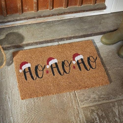 Marco Paul Large Heavy Duty Natural Coir Christmas Doormat with Non Slip Backing Santa Hat HO HO HO Design Festive Entrance Welcome Mat for Indoor & Outdoor Xmas Home Decoration