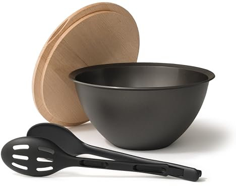 Hausfelder Salatschüssel mit Deckel aus Holz + Salatbesteck aus Kunststoff, Schüsselset 4 L in Anthrazit Schwarz, große Servierschüssel mit Besteck, BPA-frei
