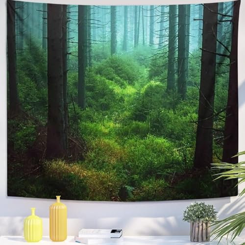 Wycian Wandteppich Grün Nebliges Wandteppiche Wandbehang Natur Tapestry Tree Tapisserie Dschungel Wandtuch Landschaft Mikrofaser 150X130cm (Breite x Höhe)