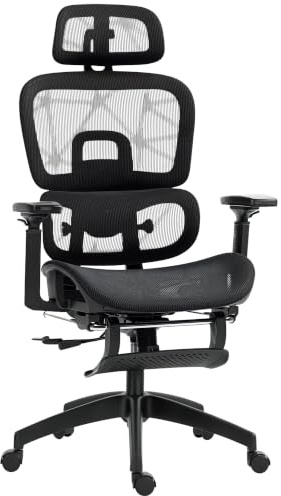 HOMCOM Ergonomic Office Chair, Swivel Recliner, Headrest, Black | Mesh High Back Computer Desk Chair, 4 Level Adjustable Back, Adjustable Lumbar Support, 3D Armrest, Footrest