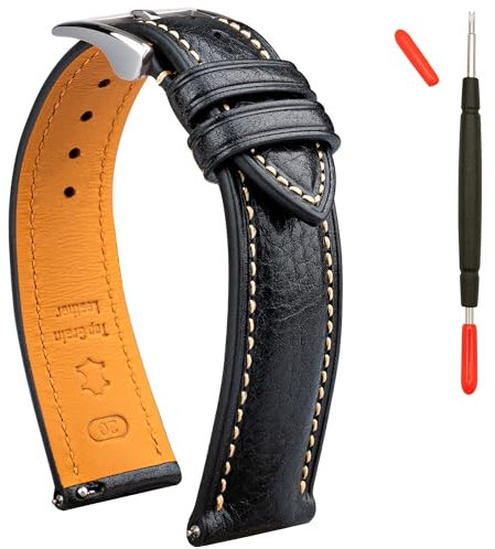 Gomvadr Leder Uhrenarmband pflanzlich gegerbtes Top-Grain-Lederarmband, 16 18 19 20 21 22mm Schnellspanner-Ersatzarmbänder (Schwarz/Silberne Schnalle, 20mm)