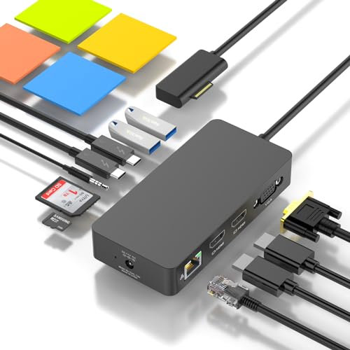 Microsoft Surface Dock 2 con alimentatore, docking station 12 in 1 con doppio HDMI+VGA per Surface Pro 11/10/9/8/X/7/6/5/4/3, laptop 7/6/5/4/3/2/1, docking station per libri