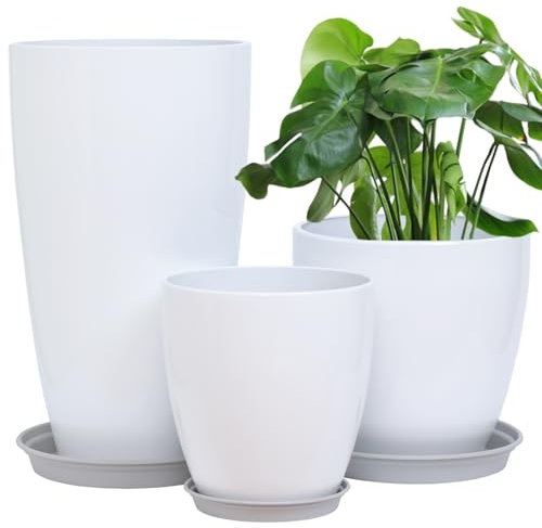 SE SUN-E Vasi alti e rotondi con fori di drenaggio/piattino Vasi decorativi in plastica per piante da interno e da giardino, vasi da fiori bianchi 3 pezzi 28+30+53 cm di altezza