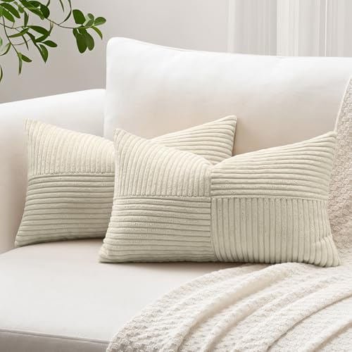 Sungeek 2er Set Cord Kissenbezüge, Kreuz Streifen Muster Kordsamt Kissenbezug Sofakissen Dekokissen Patchwork Design Deko Zierkissenbezüge Kissenhülle für Wohnzimmer (40x60cm, Neutrale Taupe)