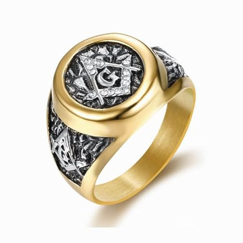 Hasdnker Ring Ringe Damen Bijouterie Herren Freimaurer-Logo Ag-Ring Street Fashion Gold Freimaurer-Weißdiamant-Ring Retro-Ring Nr. 8 Gold 07301
