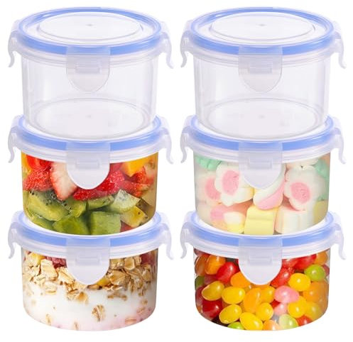 Surflyee 6PCS Small Food Containers with Lids, 300ML Round Food Storage Container with Lid, Reusable Plastic Pots with Lids, Airtight Leak-proof Small Pot for Snack, Yogurt, Microwave Fridge Safe