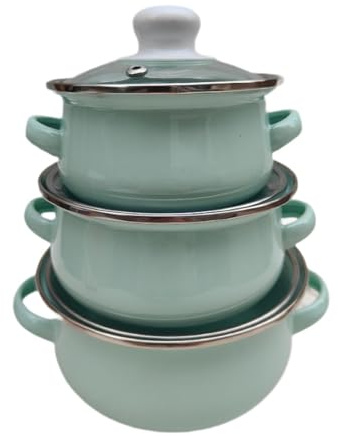 Milageto 3 Pieces Enamel Cooking Pots,Double Handle Cookware,Stackable Flat Bottom Saucepan Soup Pot,Multi Use Household Cookware, light blue