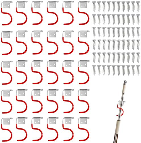 Gartengerätehalter Metallhaken, 30 Stück Werkzeughalter Metallhaken, Werkzeughalterhaken 60 Schrauben Zubehör, Wandmontierter Gartengerätehalter Haken, für Garage Keller Geräteschuppen(Rot, Silber)