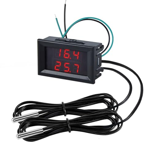 FBBULES Dual Display LED Digitales Thermometer mit 2 Wasserdichten Metallsonden, DC 4-28V Temperatursensor für Aquarium Fischbecken Kühlschrank, mit 2M Sensorleitung, Rot&Rot
