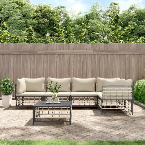 QZZCED 6-TLG. Garten-Lounge-Set mit Kissen Anthrazit Poly Rattan Balkon Sofa Set Outdoor Lounge Möbel für Rasenflächen