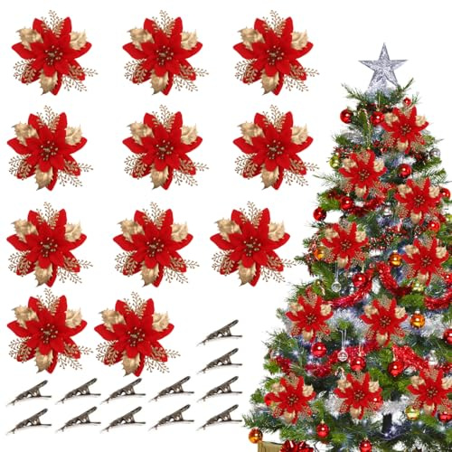 OIXEYA 12 Stück Weihnachtsdeko Blumen, Künstliche Weihnachten Blumen mit 12Pcs Vorbauten Und Clips,für Kranz Hochzeit Party Dekoration, Rote