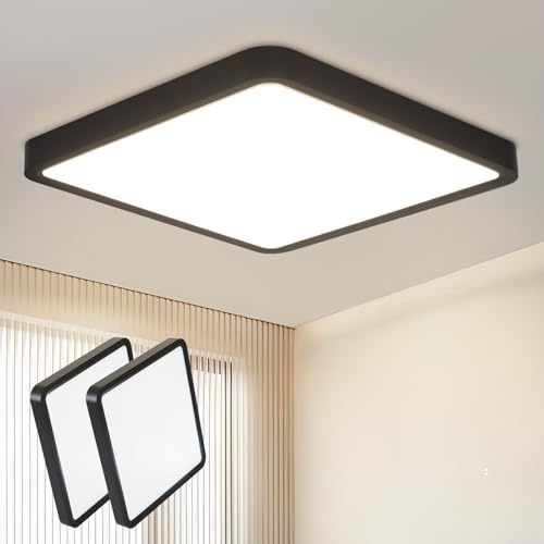 Laittiin Deckenleuchte LED Deckenlampe Flach - 2ER Ø23cm Schlafzimmerlampe | 18W Deckenbeleuchtung Badezimmer Lampe 4000K Küchenlampe Eckig Badlampe für Bad Flur Küche Wohnzimmer Kinderzimmer（Schwarz）