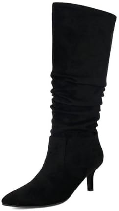Botas altas de ante para mujer, elegantes botas altas punta fina con diseño plisado y tacón de aguja Botas altas de otoño e invierno sin cordones ideales para fiestas al aire libre,Negro,36 EU