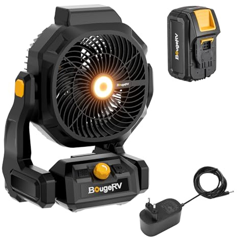 BougeRV F02 Ventilatore da Campeggio da 8 Ah, Alimentato a Batteria, 7,5m/s | Ventilatore portatile ricaricabile da 144 Wh 755 CFM con doppi ganci in metallo, luce brillante per esterni lavoro magazzino