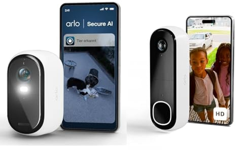 Arlo Essential 2 2K Telecamera WiFi da Esterno Senza Fili + Videocitofono Essential FHD, Visione Notturna a Colori, Sirena, Audio Bidirezionale, Prova Secure incluso, Bianco