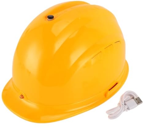 Industrial Cooling Hard Hat with 8000mAh Battery and Solar Power, Yellow High Impact ABS Safety Helmet with Dual Turbo Fans, Bluetooth Communication, LED Headlamp, and Micron