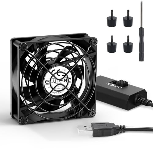 ELUTENG 8cm USB Cooling Fan, 5V 3-Speed with Metal Grill for Xbox/PC/TV | L/M/H: 2000/2500/2900 RPM. Hydraulic. 8x8x2.5cm. USB. Cools AV cabinet, WiFi router, electronics. Low-noise