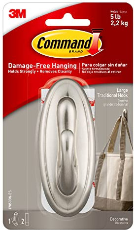 Command Large Traditional Hook, Holds up to 5 lb, 1 Wall Hook with 2 Strips, Brushed Nickel Color, Organize Damage-Free No Tools Wall Hooks for Hanging Decorations in Living Spaces
