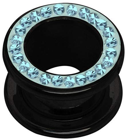 Acryl Ohr Piercing Epoxy Flesh Tunnel schwarz mit Steinen in hellblau-türkis, 10 mm Ø