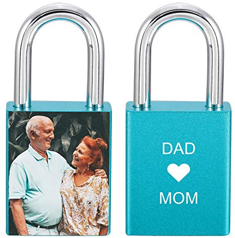 MeMeDIY Personnalisé Love Lock Gravure Photo Image Personnalisée pour Couples Hommes Femmes Petit Ami Amant Amant En Aluminium Mémorial Anniversaire Valentine Pont Cadenas avec Clé (Couleur Bleu)