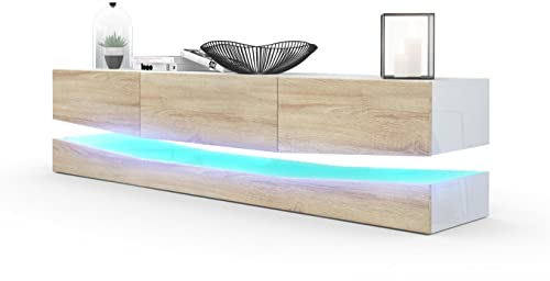 Vladon Lowboard City, Made in Germany, TV-Kommode mit Sockelelement, 1 offenem Fach und 3 Schubkästen, Weiß Hochglanz/Eiche Sägegrau, inkl. LED-Beleuchtung (178 x variabel x 39 cm)