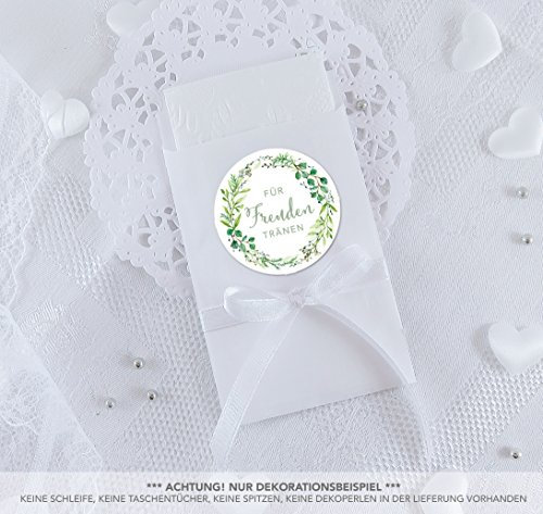 Freuden Tränen Taschentücher Set zur Hochzeit Groß 48 Sticker + 48 weiße Flachbeutel - 63 x 93 mm für Freudentränen Taschentuch Verpackungen Aufkleber in GRÜN WEIß mit Zweigen