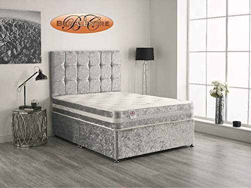 Bed Centre Silver Crush Velvet Divan Bed Set, 3 ft Single (90×190 cm) | Sprung-Memory Mattress, Padded Headboard & 2 Same-Side Drawers, Medium-Firm Orthopaedic Support, UK Made