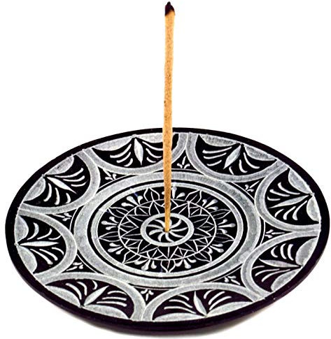 GURU SHOP Indischer Räucherstäbchenhalter Ø 10 cm aus Speckstein, Kerzenteller - Sonnen Mandala, Schwarz, Räucherstäbchen Halter