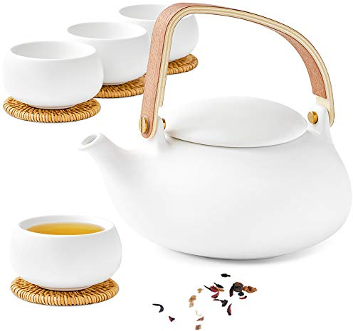 ZENS Tetera con Infusor, Tetera Japonesa de cerámica mate para té de hojas sueltas, 27 onzas teteras de porcelana para mujeres regalo con moderno mango de madera curvada