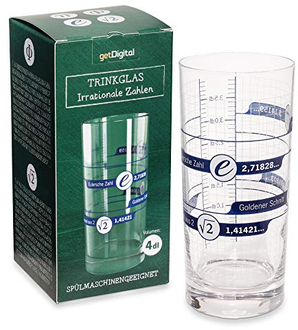 getDigital Irrationale Zahlen Trinkglas - Mathe Geek Glas mit Deziliter Markierungen - 400 ml, Spülmaschinengeeignet