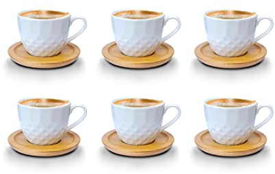 Kaffeetassen Espressotassen Cappuccinotassen mit untersetzer Holz Optik Porzellan 6 Tassen + 6 Untersetzer Weisse Kaffeetassen Set (Tasse 100 ml - Model 3)
