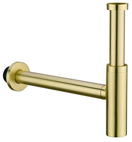 Orhemus Sifone rotondo in ottone a P, 1 1/4 del bagno, kit di tubi di scarico extra lunghi per scarico del lavandino, altezza regolabile, ottone spazzolato finitura oro