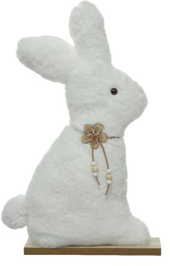 ETC frühlingshafter Deko-Hase Osterhase als Silhouette aus weissem fluffigem Plüsch mit Holzblümchen-Halskette (klein ca. 21 cm hoch)