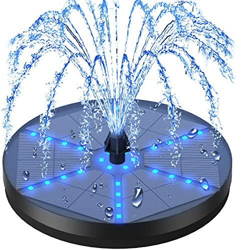 GAIZERL Fontaine solaire pour oiseaux 4 W avec 7 buses et 4 fixations, batterie 4000, lumière LED 7 couleurs pour jardin, étang, piscine, aquarium et extérieur