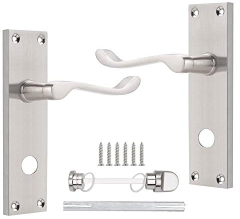 Probrico Internal Door Handle with Lock for Bathroom, Privacy Door Lock Set, Victorian Scroll Door Handle on Backplate 154mm×40mm, Brushed Nickel, 2 Pack