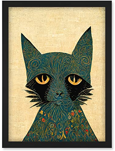 Doppelganger33 LTD William Morris Style Floral Blue Cat Artwork Framed Wall Art Print A4