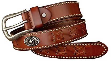 Punk Star Studded Genuine Leather Belt for Men/Women Rock Style Denim Goth Stud Belt for Jeans Pants Hip Hop Gothic Clothing, 1 1/2 (38mm) Wide,Brown,120cm/waist:40~42