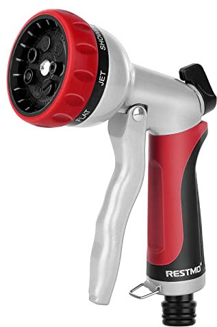 RESTMO Hose Pipe Spray Gun, Heavy Duty Garden Hose Spray Gun, High Pressure Hose Nozzle, Metal Hand Sprayer with 7 Patterns and Water Flow Control, Ideal to Water Plant & Lawn, Wash Car & Pet (Red)