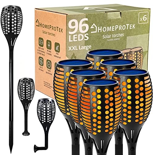HOMEPROTEK Torches Solaires de Jardin - Lot de 6, Grandes, XXL, 96 LED Éclairage 3 Modes - Flamme, Respiration, Scintillement, IP65, Automatique, Lumière Solaire Extérieur pour Jardin, Balcon, Chemin