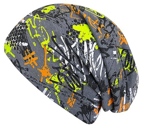 Wollhuhn ÖKO Jungen/Mädchen Bequeme Weiche Skater Long Beanie/Mütze/Beanie-Mütze/Strickmütze/Kinder-Mütze Jersey Gefüttert Übergangszeiten (Öko-Stoffe/Bio) 20220620 (Graffiti Grau/Bunt, M)