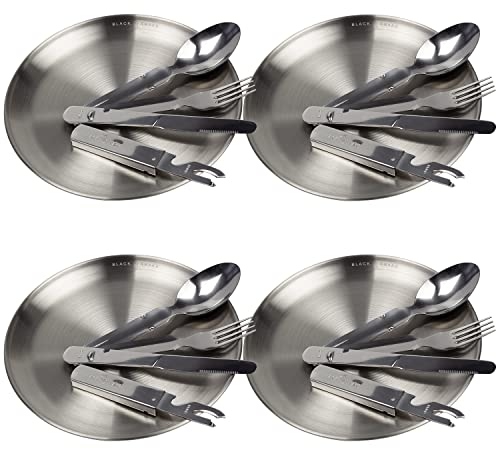 Black Snake® Flacher Camping Picknick Teller mit Besteck aus Edelstahl - 4 Personen - Set