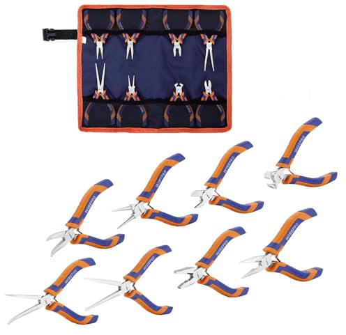 WISEPRO 8-Piece Mini Pliers Set for Precision Work, Including Long Nose, Diagonal Cutting, End Cutting, Bent Nose, Round Nose, Linesman, Needle Nose and Bent Needle Nose with Storage Pouch