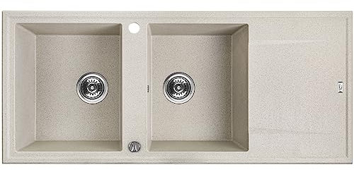 KOLMAN Granitspüle 50x116 Megalo Spülbecken Doppelbecken mit langer Abtropffläche, Space Saving Siphon (Beige)
