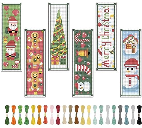 FREEBLOSS 6 Sets 22 * 8cm Christmas Cross Stitch Bookmark Kits for Beginners Hand Embroidery Kit Cross Stitch Kit with Instructions Full Kit of Cross Stitch Handmade Bookmark for Birthday Gift