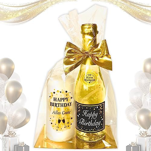 AV Andrea Verlag Hochwertiges Geschenkset - Piccolo 22 Karat Blattgold „Happy Birthday“ GOLD mit Geburtstagskerze - Secco Sekt mit Stumpenkerze Kerze | Geschenk zum Geburtstag Pfeif auf's Alter