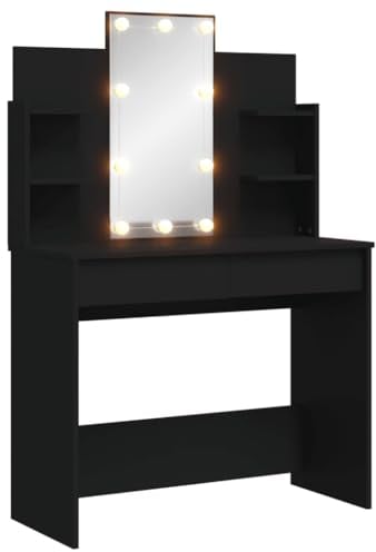 vidaXL Schminktisch, Frisiertisch mit LED-Leuchten Spiegel, Kosmetiktisch mit 2 Schubladen 4 Fächern, Schminkkommode Schmucktisch Tisch, Schwarz